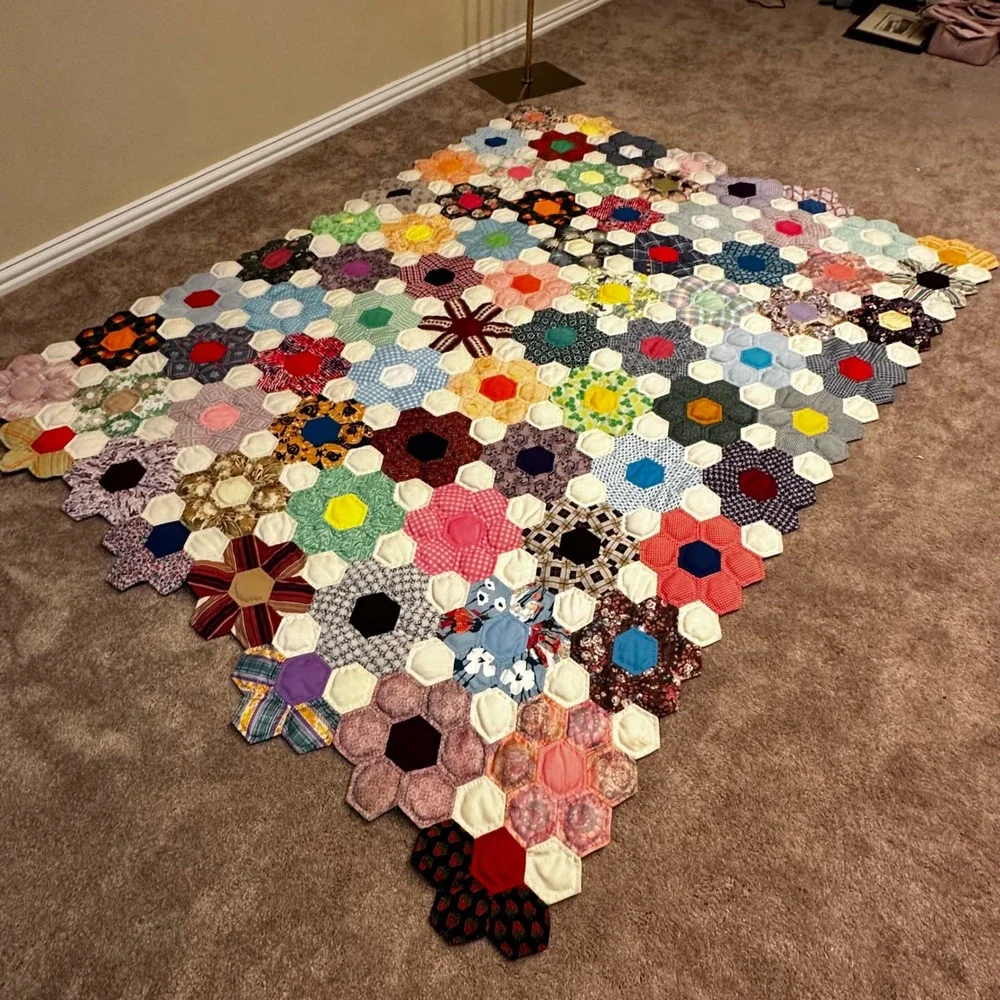 Vintage Handmade Grandmothers Flower Garden Hexagon Patchwork Quilt Multi 8x6